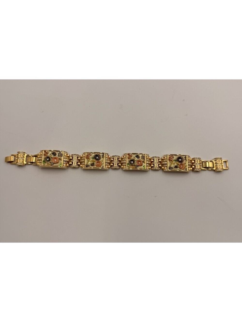 VTG Jacqueline Kennedy JBK Gold plated Floral Enamel bracelet W/ Rhinestones
